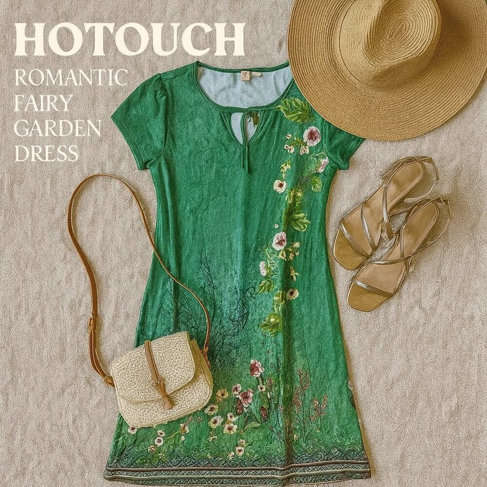 Hotouch Green Floral Fairycore Shift Dress Keyhole Neck Flutter Sleeves M - Picture 15 of 15